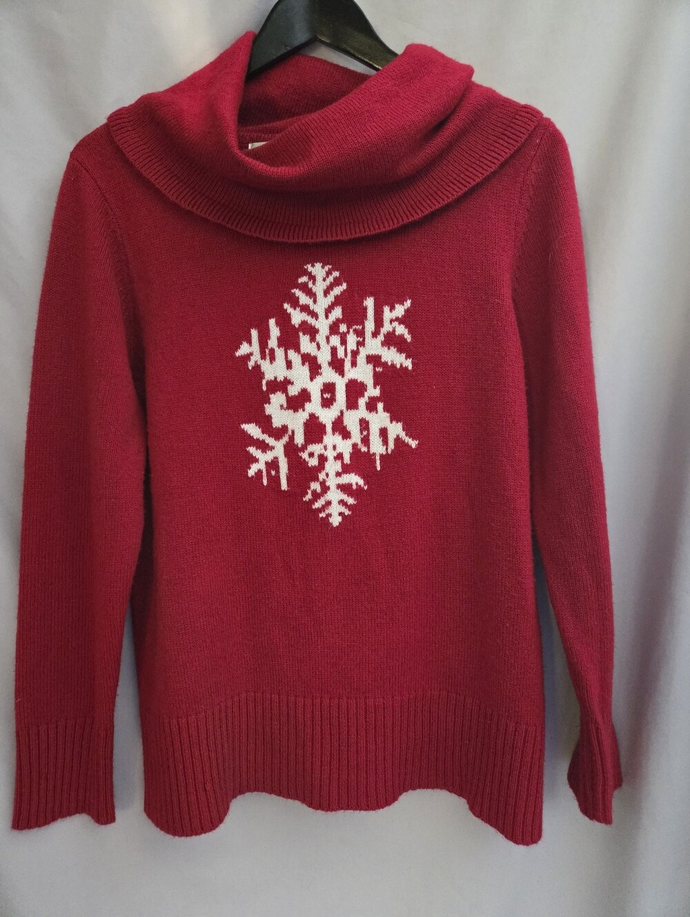 Red Cowl Neck Snowflake Knit Sweater - Women's Holiday Pullover